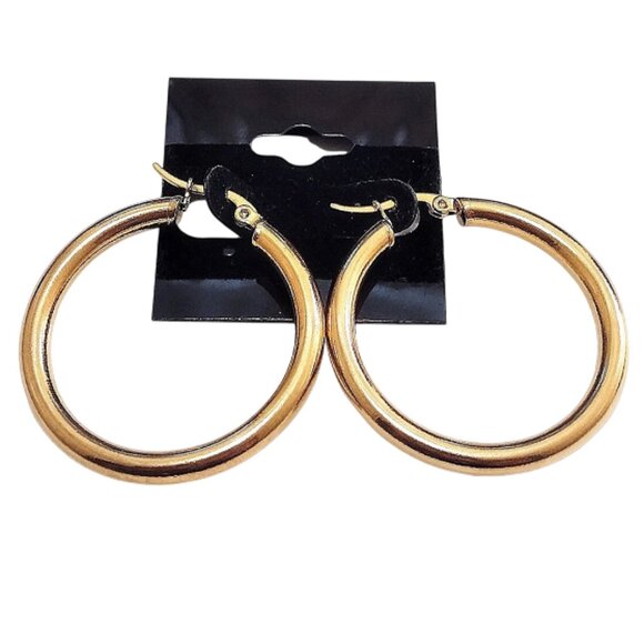 1 1/2 Inch 39mm Wide Band Hoop Pierced Post Earrings Polished Gold Tone - Picture 3 of 3